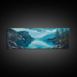 Tranquil Lake Landscape Wall Art, Blue Nature Painting, Rustic Lodge Decor, Large Wide Artwork, Living Room Wall Art