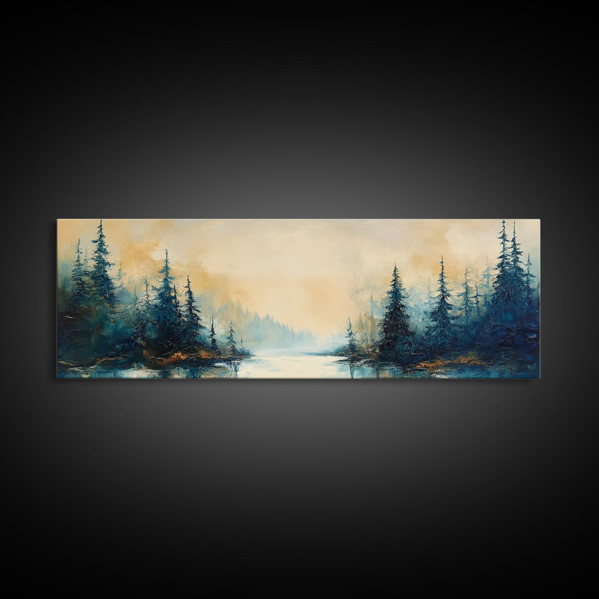 Misty Forest Landscape Wall Art, Blue and Gold Nature Painting, Rustic Cabin Decor, Cozy Woodland Art, Fall Living Room Artwork