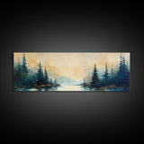 Misty Forest Landscape Wall Art, Blue and Gold Nature Painting, Rustic Cabin Decor, Cozy Woodland Art, Fall Living Room Artwork