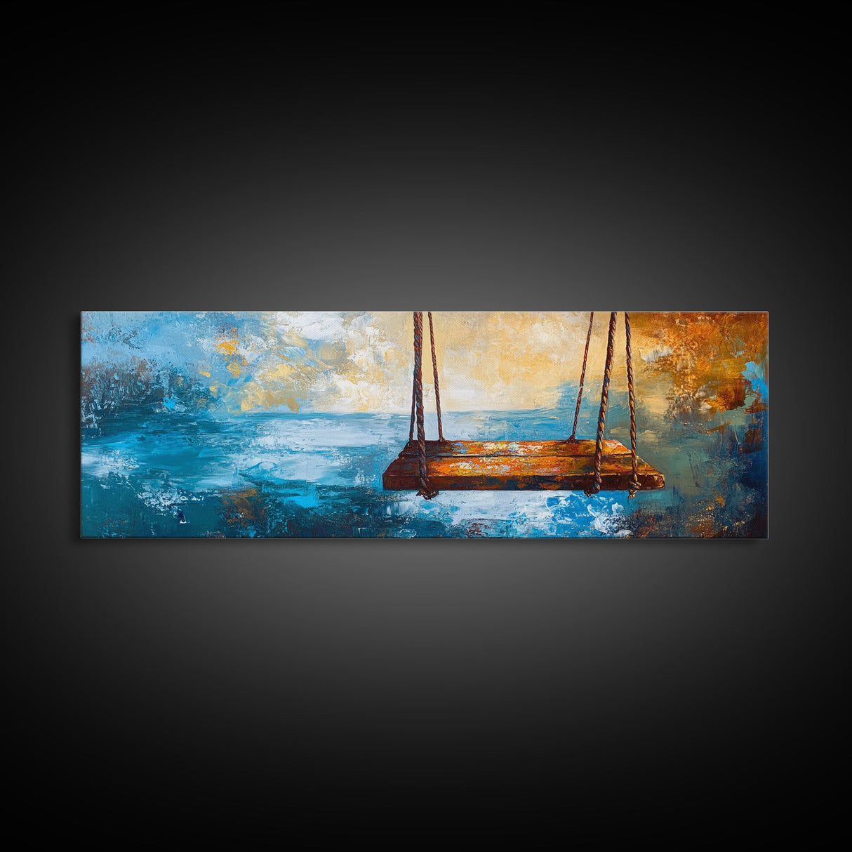 Rustic Wooden Swing by the Ocean, Serene Beach Wall Art, Tranquil Coastal Decor, Dreamy Blue and Gold Painting, Bedroom Artwork