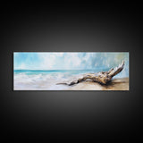 Driftwood on the Beach, Tranquil Coastal Landscape Wall Art, Serene Ocean Painting, Minimalist Seascape Decor, Relaxing Artwork