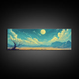 Moonlit Desert Nightscape, Mystical Blue and Gold Landscape Art, Dreamy Celestial Wall Decor, Surreal Nature Painting