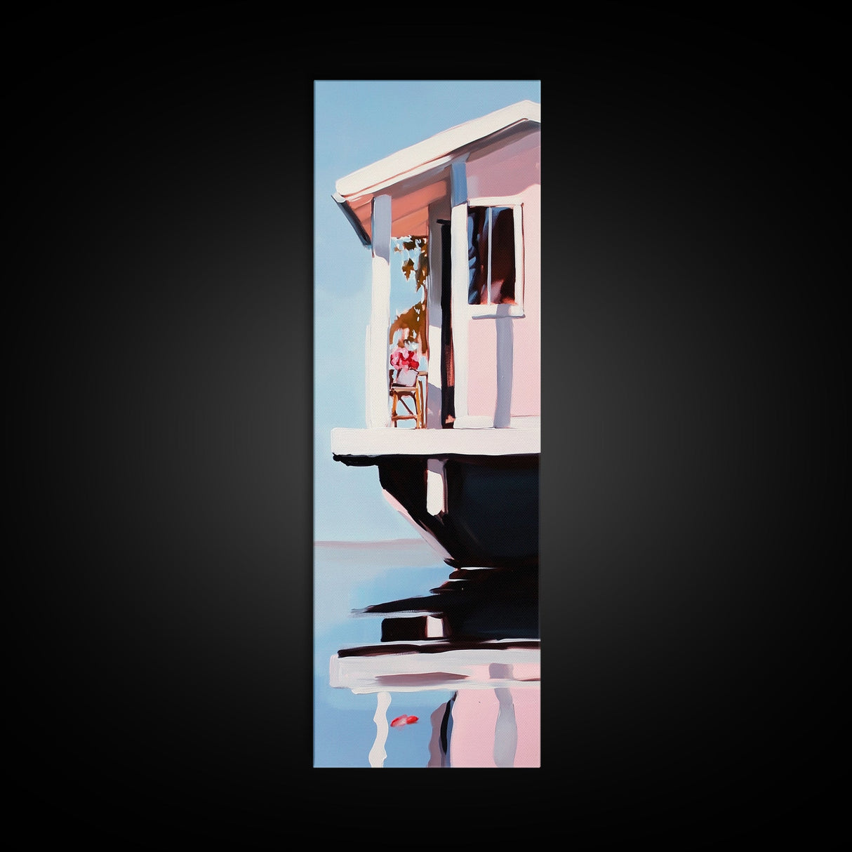 Houseboat Reflection, Nautical Canvas Print, Modern Coastal Wall Art, Serene Home Decor, Minimalist Living Room Artwork, Ocean Aesthetic