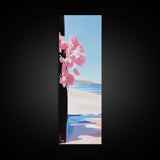 Blossom Beach, Floral Coastal Art, Pink and Blue Decor, Modern Seascape, Romantic Spring Aesthetic, Dreamy Nature Scene, Canvas Print