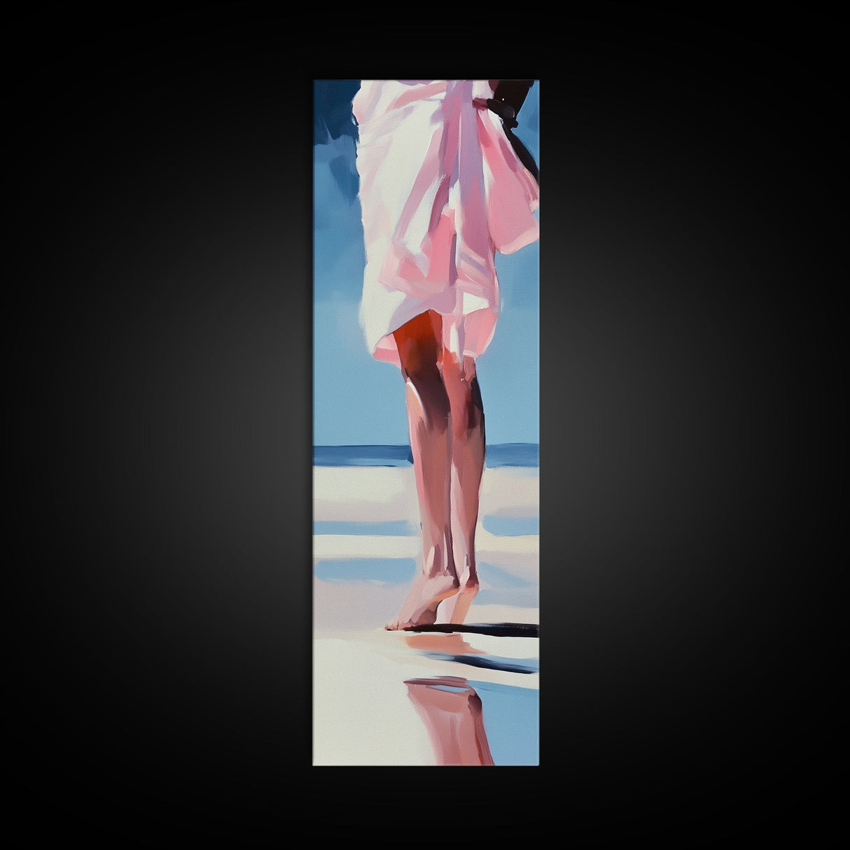 Barefoot Beach Walk, Pink Dress, Coastal Elegance, Framed Canvas Print, Summer Art, Bedroom or Entryway Decor, Relaxing Aesthetic