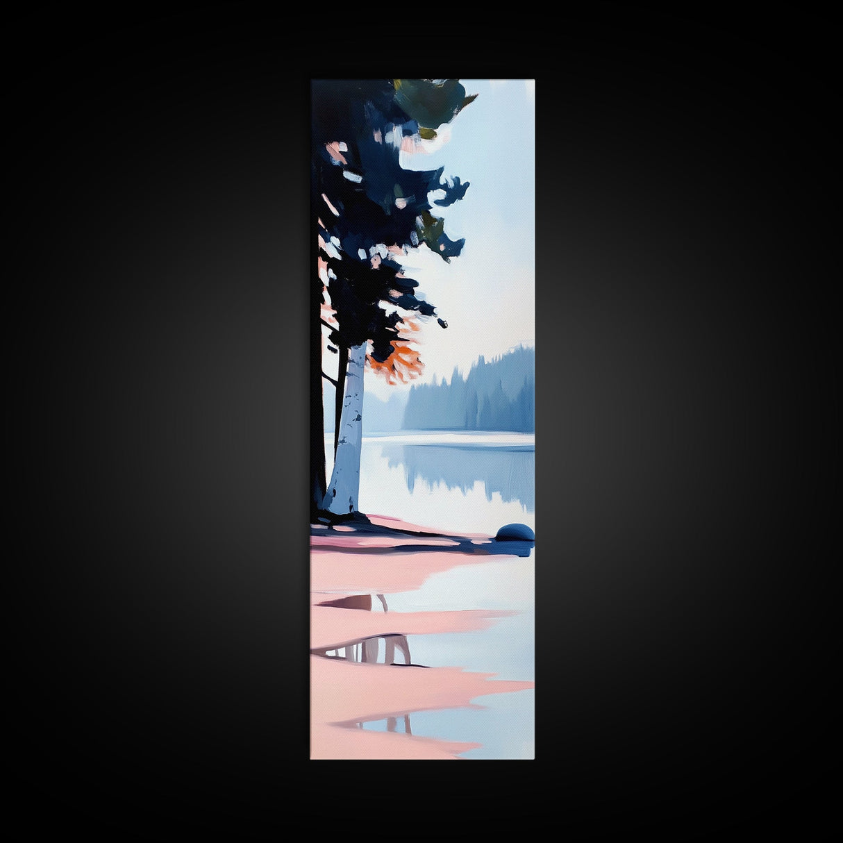Misty Forest View, Tranquil Lake Painting, Atmospheric Nature Art, Minimalist Tree Reflection, Cozy Cabin Decor, Framed Canvas Print