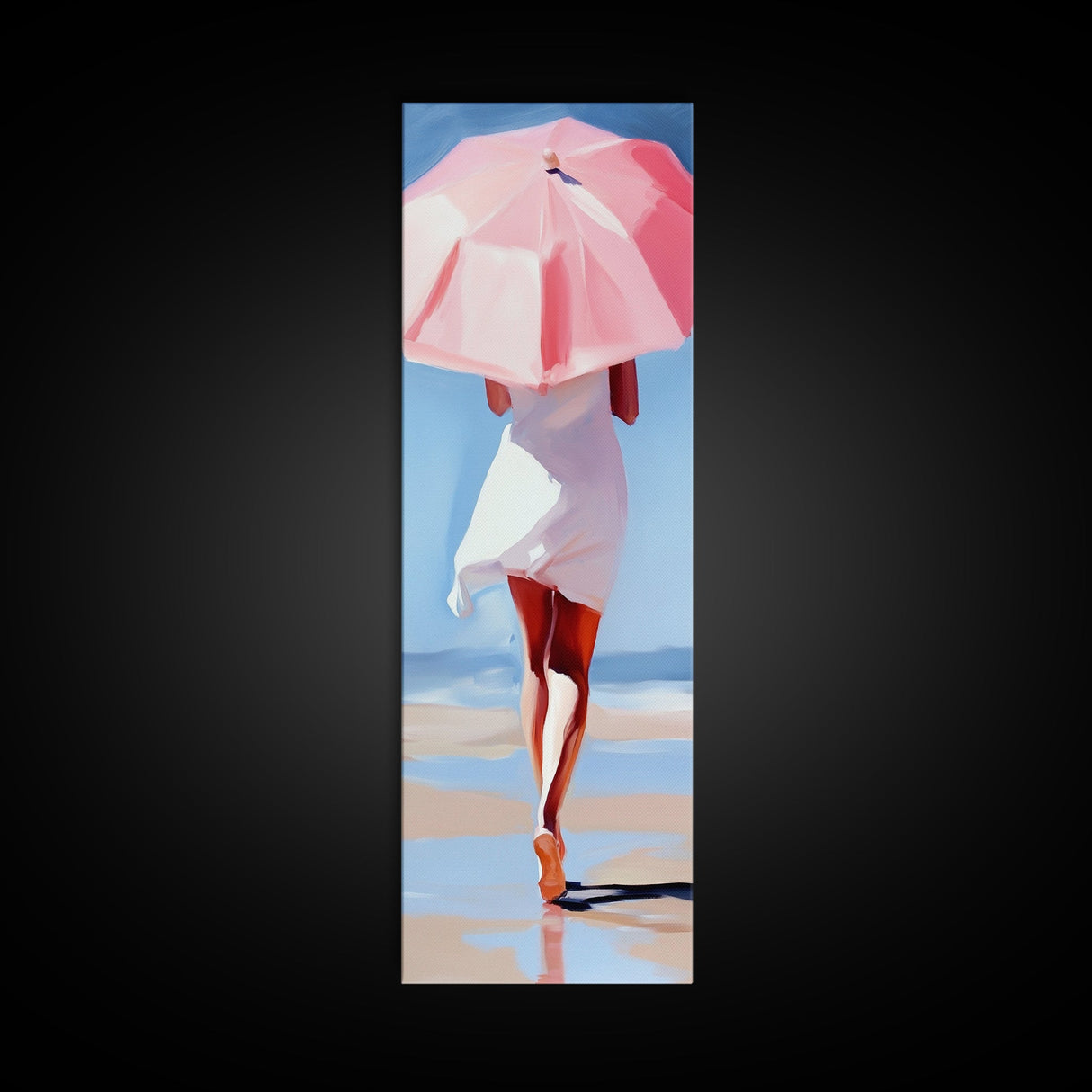 Woman with Umbrella, Summer Vibes, Framed Canvas Print, Coastal Minimalist, Soft Pastel Art, Relaxing Wall Art, Living Room Decor