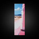 Pink Cliff, Ocean View, Tranquil Beach, Framed Canvas Print, Coastal Wall Art, Minimalist Painting, Living Room Decor, Gift, Blue