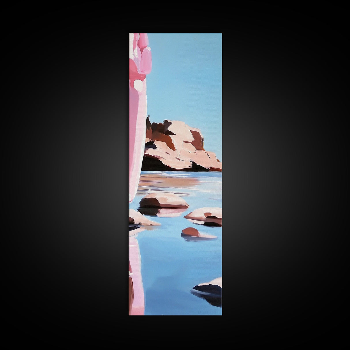 Rocky Shore, Lake Scene, Tranquil Nature Painting, Framed Canvas Print, Serene Water Reflection, Earthy Coastal Art, Living Room Decor