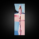 Woman in White, Beach Walk, Elegant Minimalist Art, Framed Canvas Print, Feminine Aesthetic, Living Room Art, Pastel Color Palette