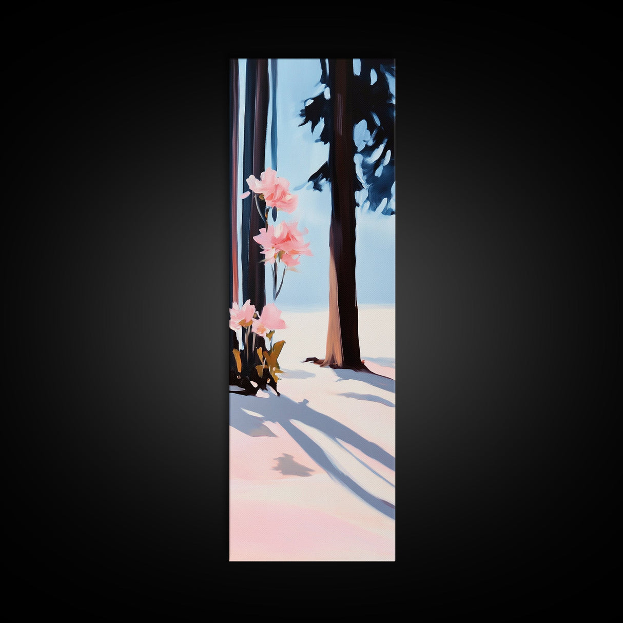 Floral Winter, Botanical Wall Art, Pink Flower Snow Scene, Nature-Inspired Artwork, Minimalist Forest Painting, Canvas Print, Office Wall Art