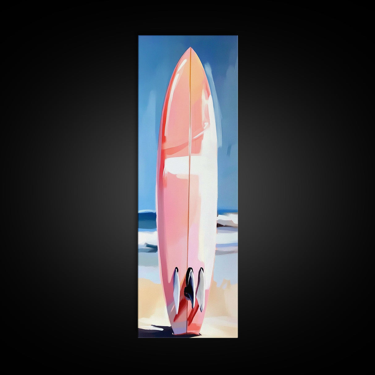 Pink Surfboard, Beach House Art, Coastal Aesthetic, Surfer Lifestyle, Summer Vibes, Ocean Theme Framed Canvas Print, Modern Wall Decor