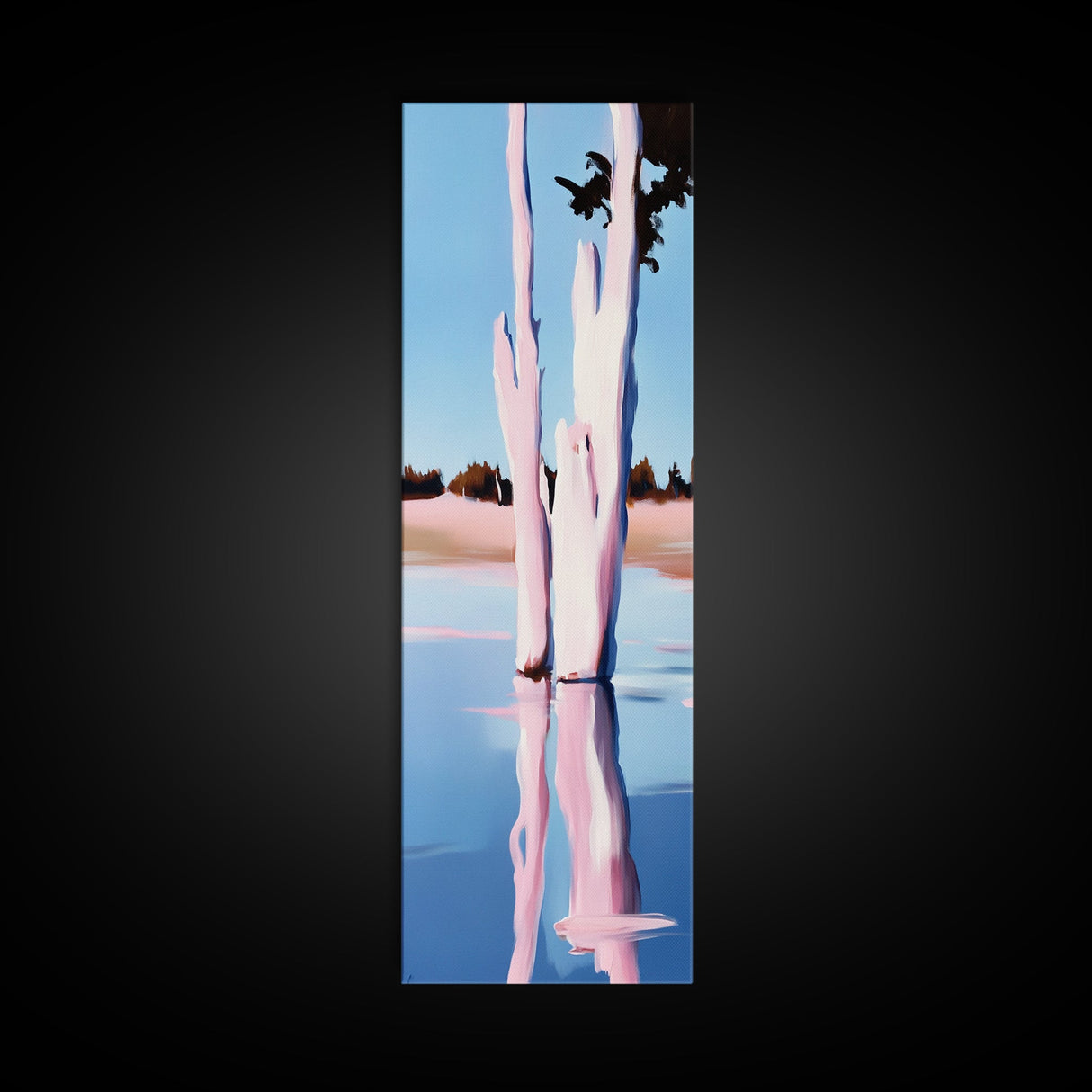 Pink Trees, Lake Reflection, Minimalist Nature, Calm Water Scene, Soft Pastel Wall Art, Tranquil Framed Canvas Print, Zen Home Decor