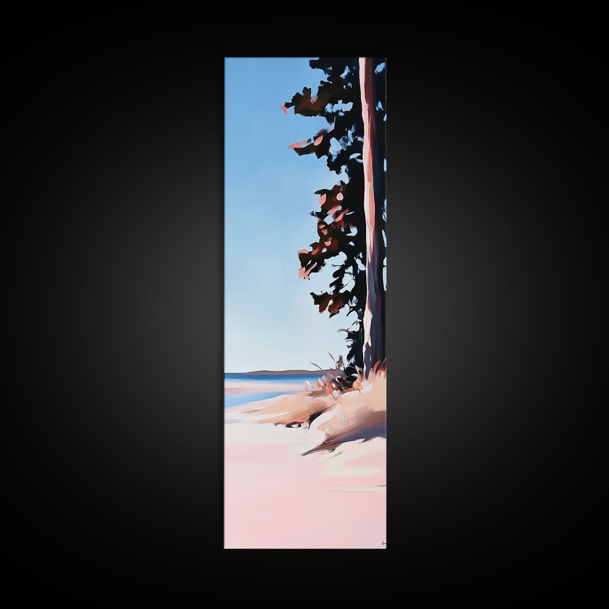 Coastal Serenity, Beach Tree Shadows, Minimalist Nature Scene, Soft Pink Blue Landscape, Tranquil Home Art, Framed Canvas Print, Ocean Escape
