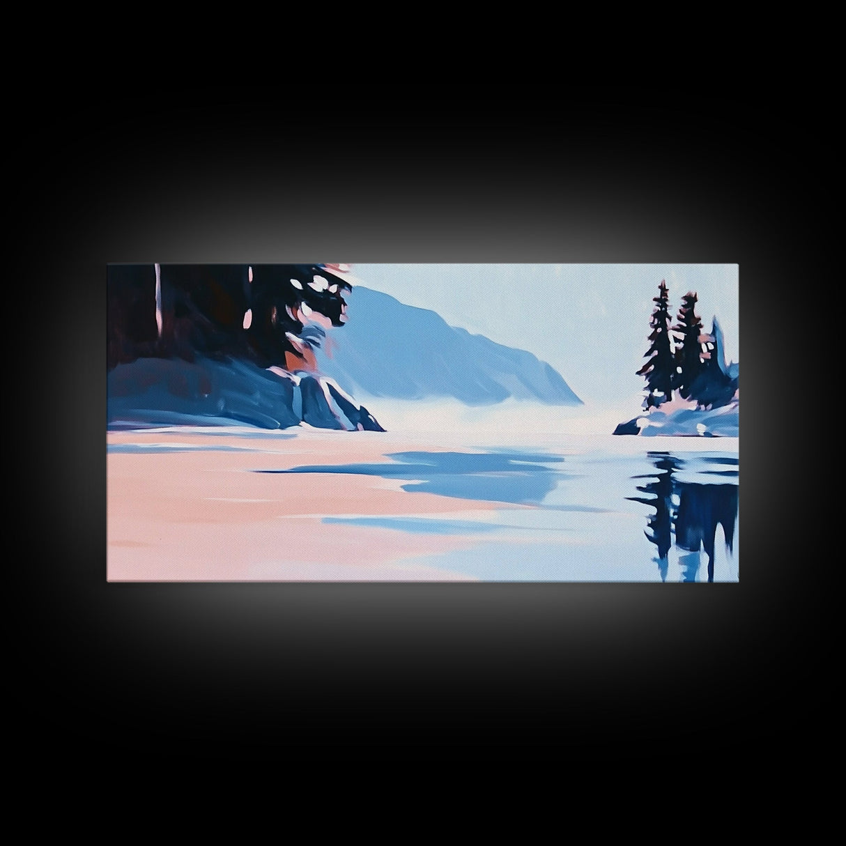 Mountain Lake, Peaceful Nature Art, Minimalist Alpine Landscape, Framed Canvas Print, Cabin Wall Decor, Calm Winter Aesthetic.
