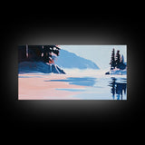 Mountain Lake, Peaceful Nature Art, Minimalist Alpine Landscape, Framed Canvas Print, Cabin Wall Decor, Calm Winter Aesthetic.