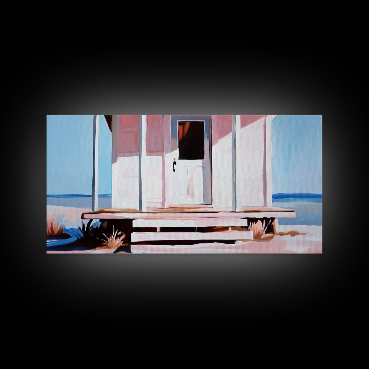 White House, Oceanfront, Rustic, Framed Canvas Print, Coastal Decor, Minimalist Art, Beach House Wall Art, Serene Living Room Art