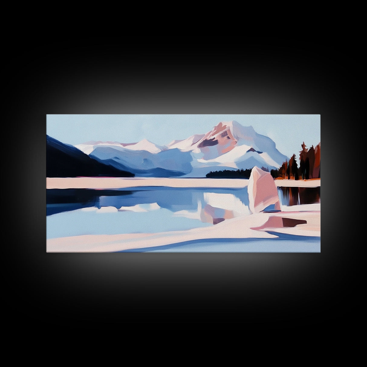 Mountain Reflection, Snowy Lake, Framed Canvas Print, Nature Wall Art, Minimalist Landscape, Living Room Decor, Blue and White Art