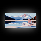 Mountain Reflection, Snowy Lake, Framed Canvas Print, Nature Wall Art, Minimalist Landscape, Living Room Decor, Blue and White Art