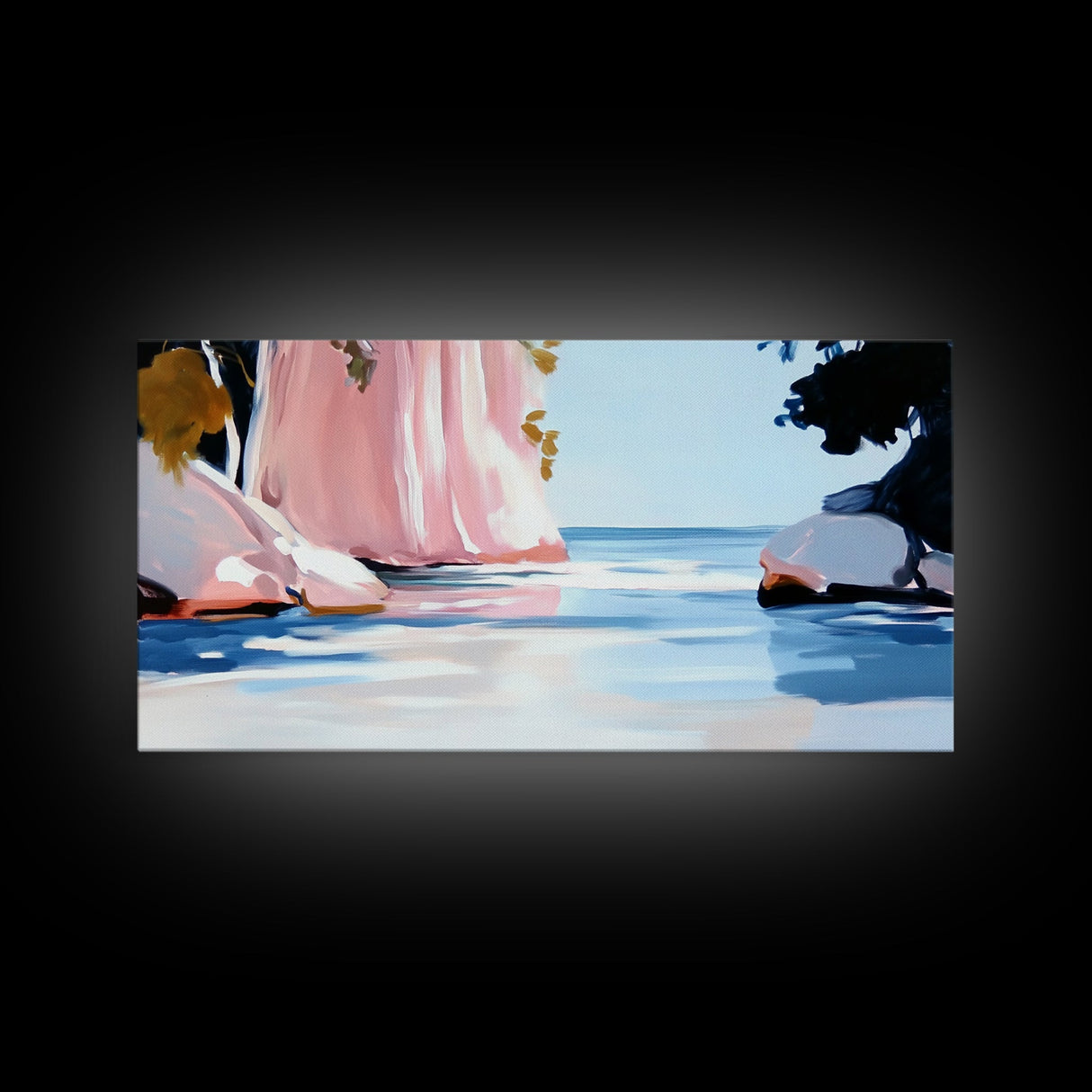 Pink Waterfall, Abstract Landscape, Minimalist Art, Coastal Wall Decor, Living Room Art, Framed Canvas Print, Nature-Inspired Home Art