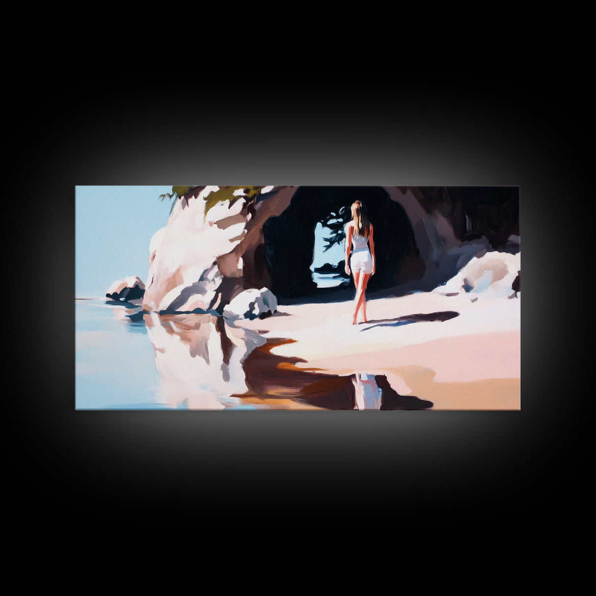 Girl In Cave, Coastal Landscape, Minimalist Art, Seascape Wall Decor, Bedroom Wall Art, Framed Canvas Print, Beach Inspired Home Decor