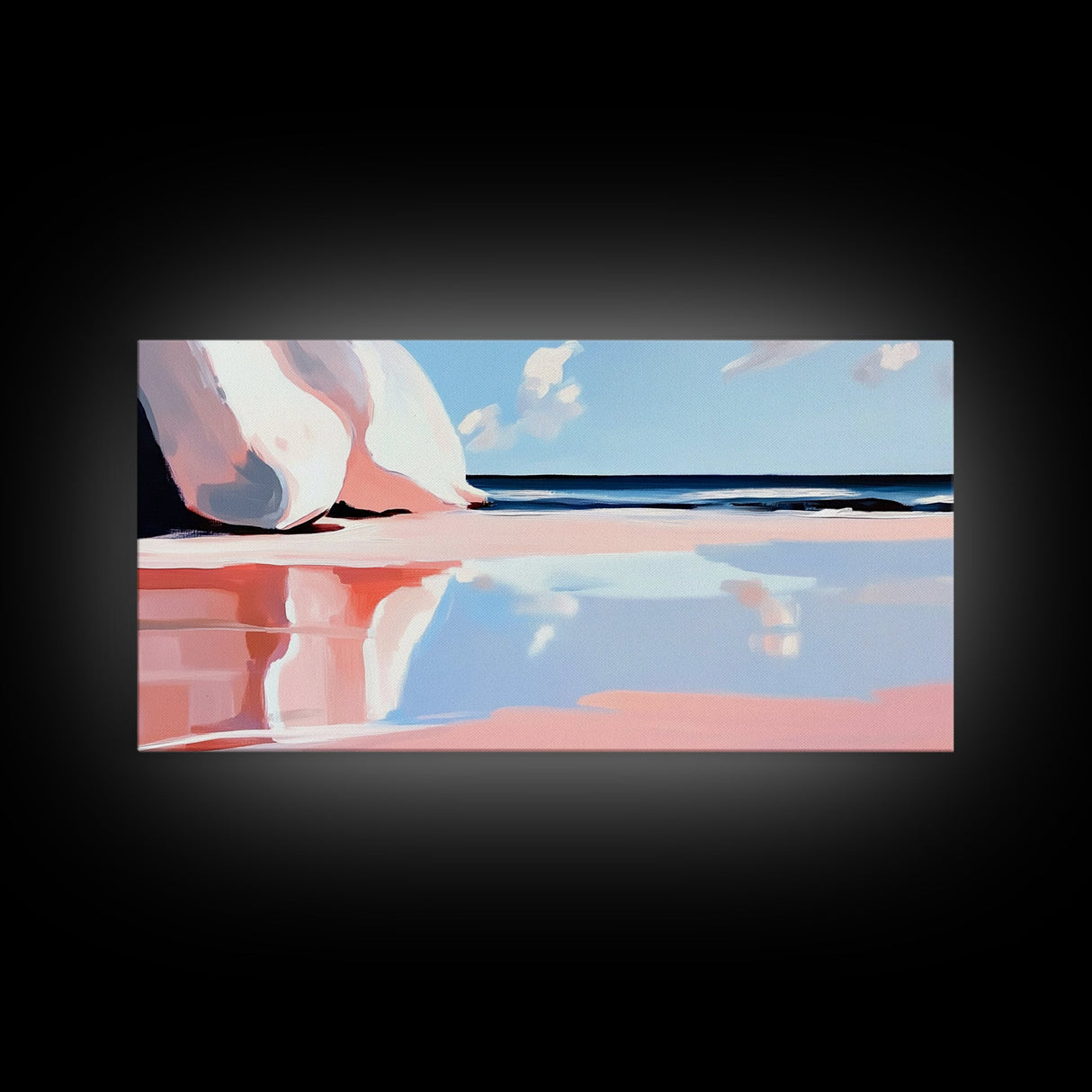 Pink Waves, Coastal Reflection, Ocean Art, Seascape Wall Decor, Bedroom Wall Art, Framed Canvas Print, Minimalist Beach Scene, Soft Pastels