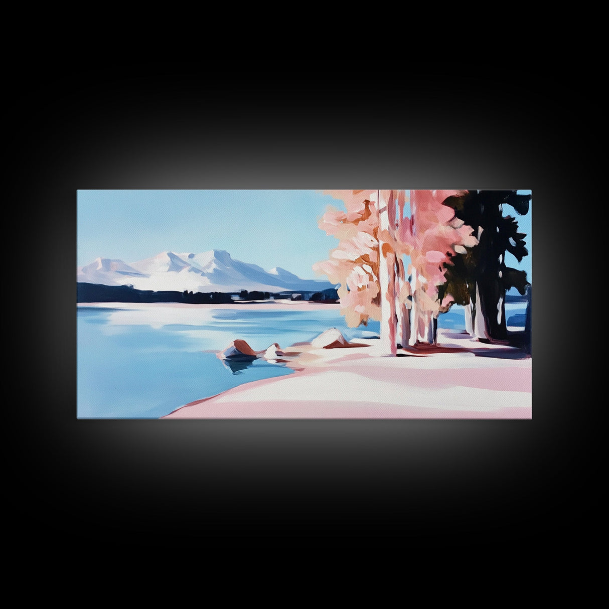Mountain Lake, Pink Trees, Nature Art, Canvas Print, Cabin Wall Decor, Living Room Landscape, Winter Painting, Minimalist Nature Art