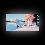 Mountain Lake, Pink Trees, Nature Art, Canvas Print, Cabin Wall Decor, Living Room Landscape, Winter Painting, Minimalist Nature Art