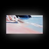 Sandy Beach, Ocean Shore, Soft Pastels, Seaside Tranquility, Framed Canvas Print, Coastal Wall Art, Bathroom Decor, Nautical Painting