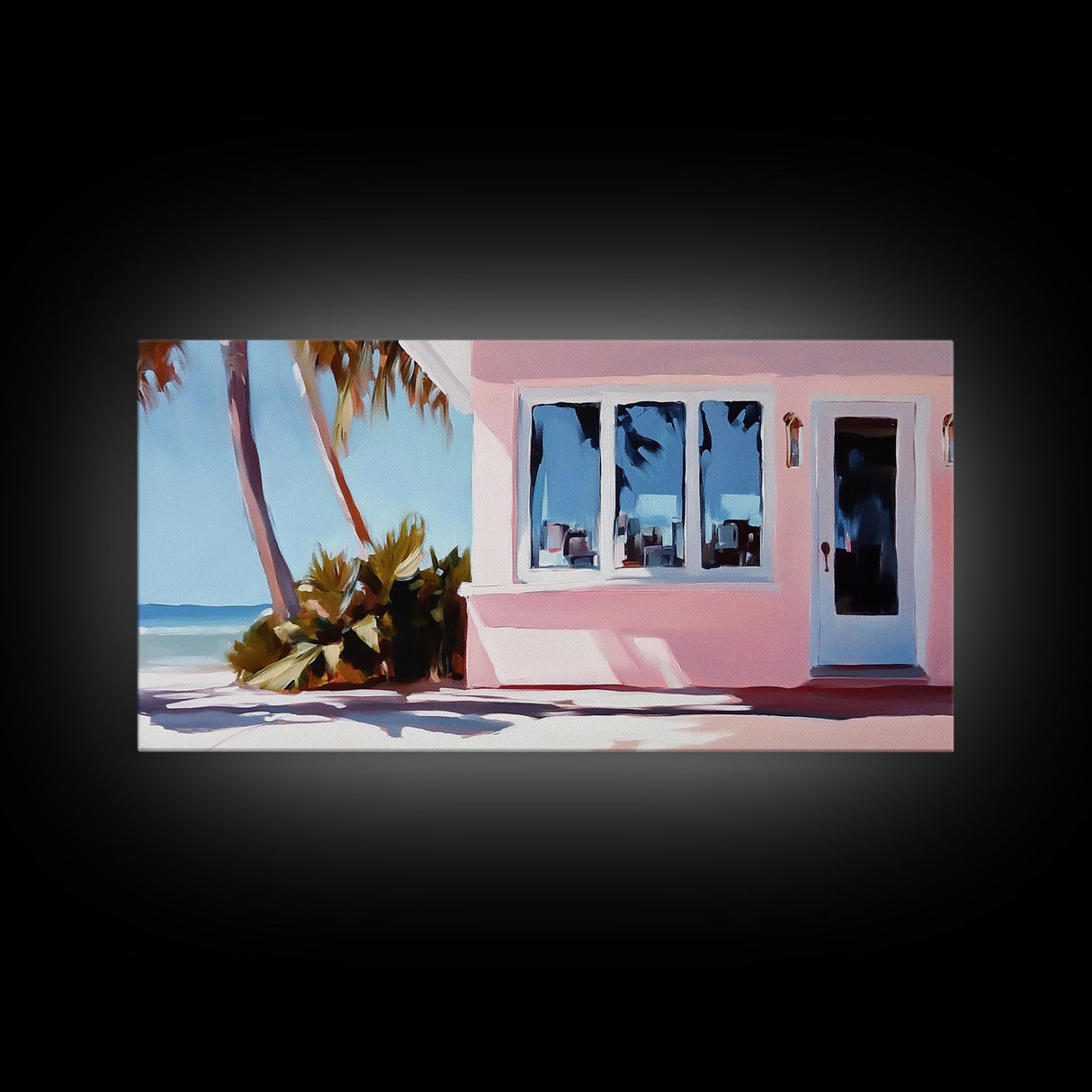 Seaside Cottage, Beach House, Coastal Living, Palm Trees, Ocean Breeze, Tropical Getaway, Minimalist Art, Nautical Theme, Canvas Print