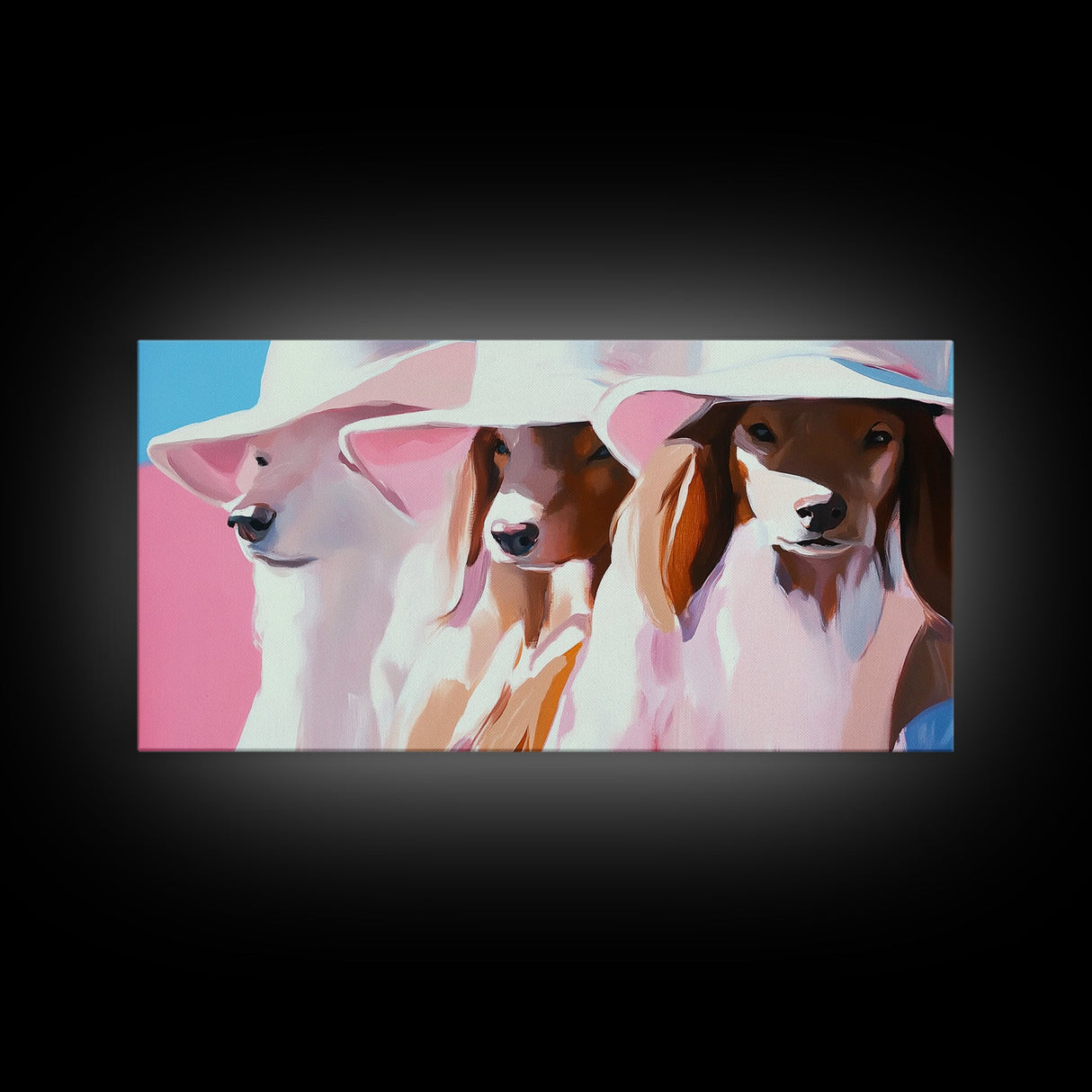 Stylish Dogs, Trendy Animal Art, Pink Aesthetic Print, Modern Pet Portrait, Whimsical Wall Art, Playful Decor, Framed Canvas Print