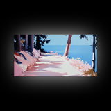 Sunlit Pathway, Serene Nature Art, Forest Trail Print, Pink Blue Landscape, Scenic Wall Decor, Calm Aesthetic Home, Framed Canvas Print