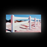 White Fence, Coastal Landscape, Pastel Beach Art, Framed Canvas Print, Minimalist Wall Decor, Ocean View Painting, Summer Art