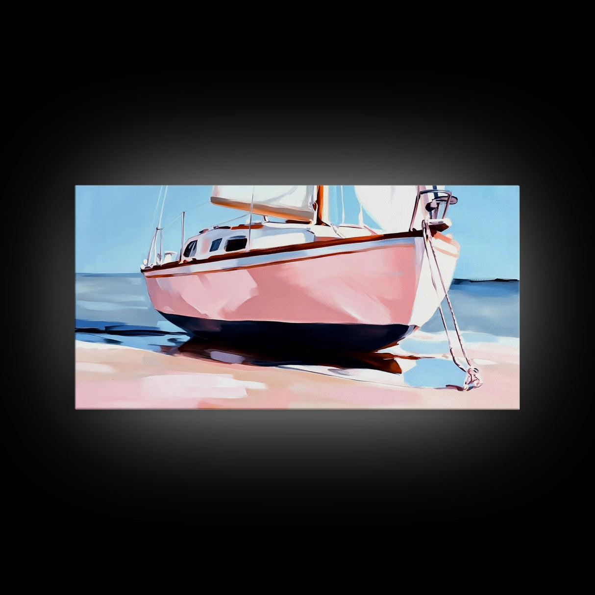 Sailboat Painting, Nautical Wall Art, Coastal Living Decor, Soft Pastel Blue and Pink, Ocean Scene, Beach House Aesthetic, Framed Canvas Print