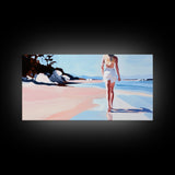 Walking Beach, Ocean View, Coastal Serenity, Tranquil Scene, Framed Canvas Print, Minimalist Decor, Boho Art, Bedroom Wall Art