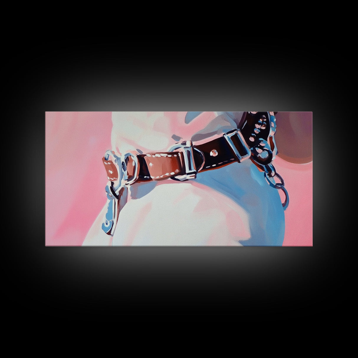 Leather Belt, Western Fashion, Modern Cowboy Art, Chic Home Decor, Framed Canvas Print, Minimalist Pink and Blue Wall Art