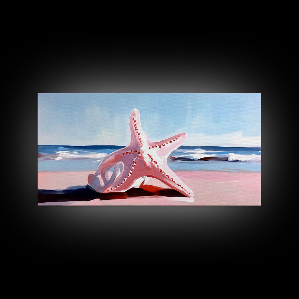 Starfish on Beach, Coastal Wall Art, Ocean Inspired Decor, Nautical Framed Canvas Print, Blue and Pink Summer Vibes Artwork