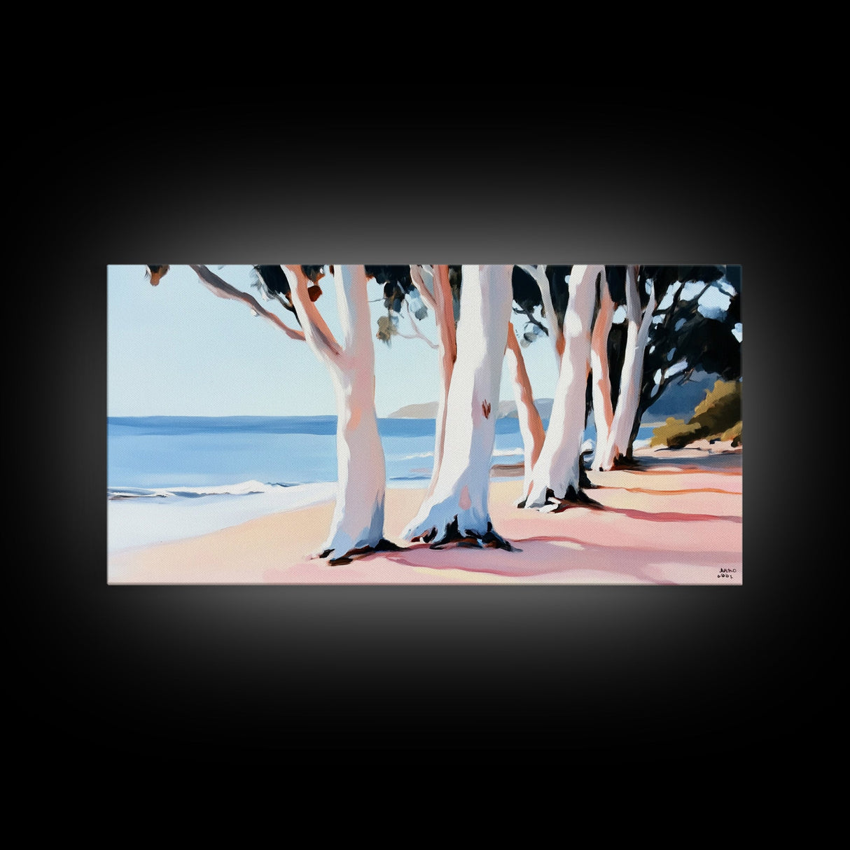 Eucalyptus Grove, Coastal Path, Sunlit Trees, Relaxing Beach Scene, Natural Beauty, Soft Pastel Tones, Modern Home, Canvas Print