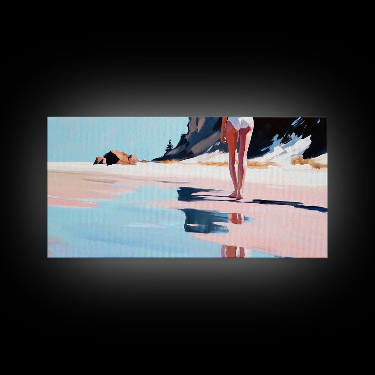 Woman, Reflection, Shoreline, Framed Canvas Print, Feminine Art, Modern Minimalist, Relaxing Home Decor, Pastel Coastal Painting