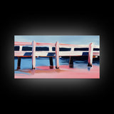 Dock, Reflections, Landscape Art, Nautical Decor, Serene Water Painting, Framed Canvas Print, Minimalist Seaside Art, Blue Pink Aesthetic