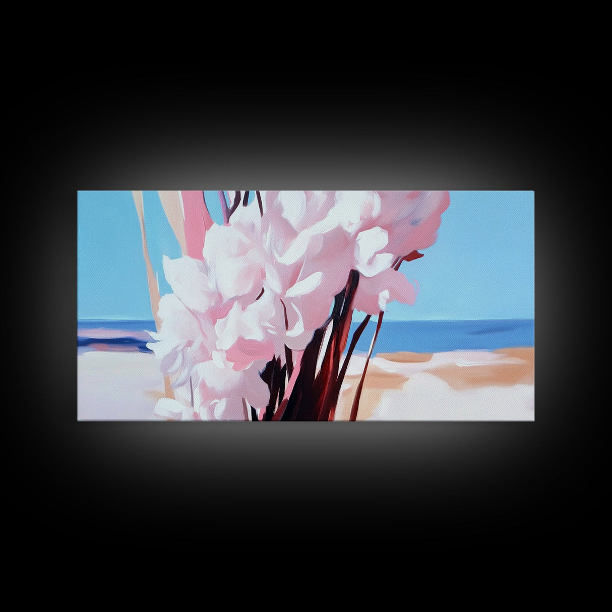 Coastal Flowers, Beach House Art, Pink Blossom Painting, Nature Wall Art, Minimalist Decor, Framed Canvas Print, Modern Living Room