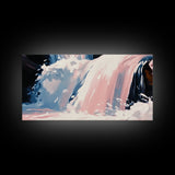 Waterfall Scene, Nature Wall Art, Serene Landscape Art, Modern Minimalist Print, Blue and Pink Tones, Framed Canvas Print, Living Room Art