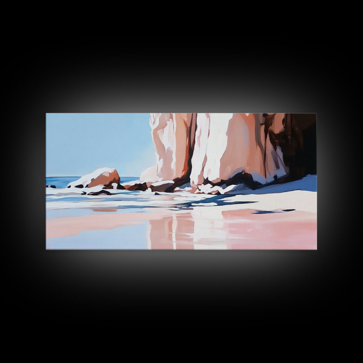 Beach Reflections, Rock Formations, Seaside Art, Canvas Print, Coastal Wall Decor, Ocean Painting, Living Room Art, Minimalist Beach Art