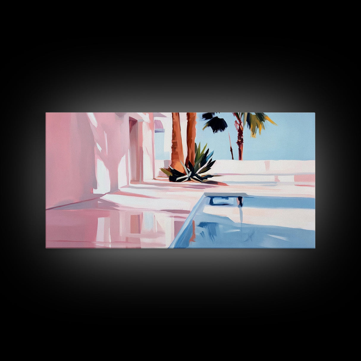 Pink Villa, Poolside View, Tropical Retreat, Canvas Print, Mediterranean Art, Vacation Home Decor, Palm Tree Wall Art, Resort Aesthetic