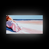 Woman in Pink, Beachside Relaxation, Canvas Print, Summer Aesthetic, Feminine Wall Art, Minimalist Seascape, Pastel Color Palette
