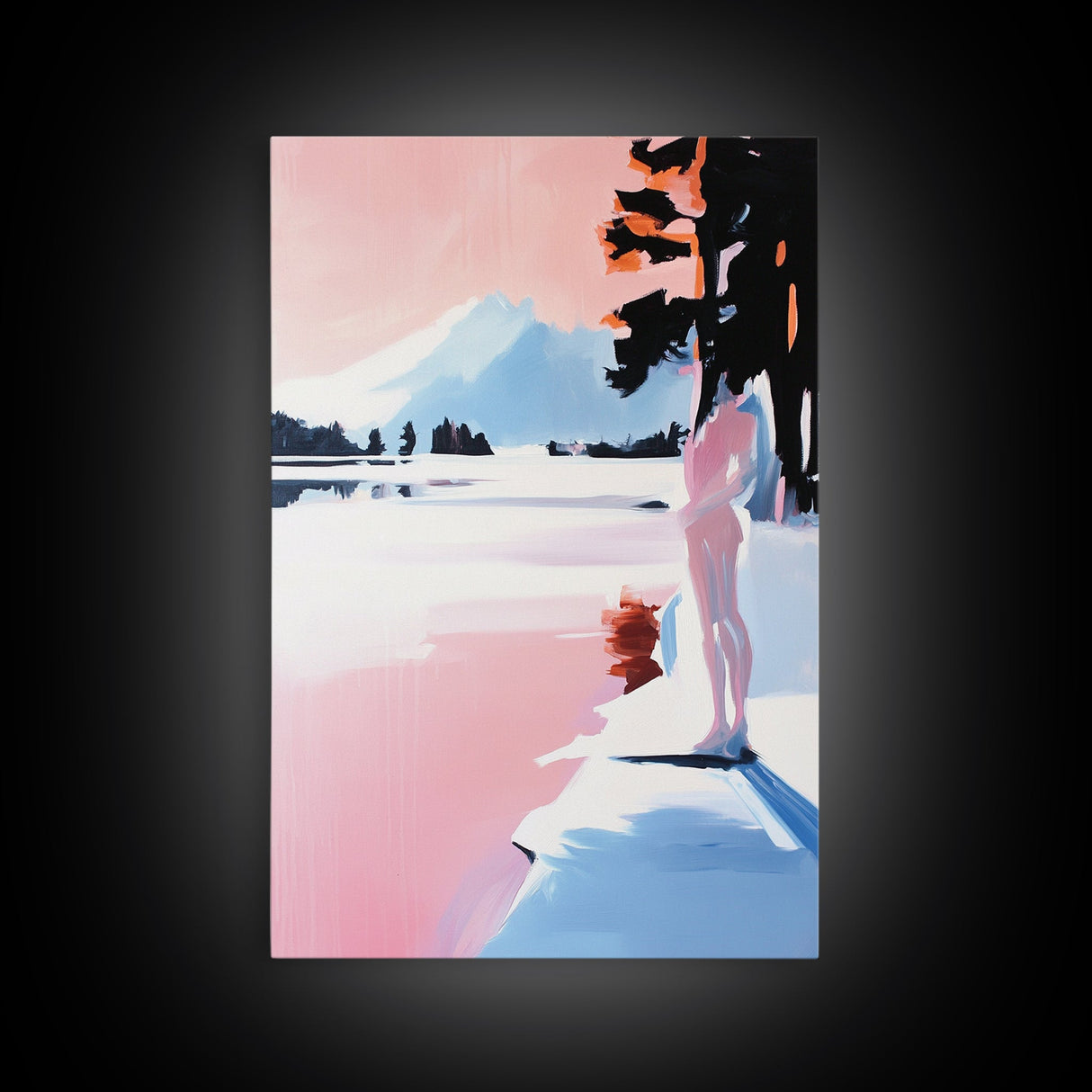 Sunset Lake, Mountain Reflection, Dreamy Landscape, Pastel Art, Framed Canvas Print, Living Room Wall Art, Romantic Nature Scene