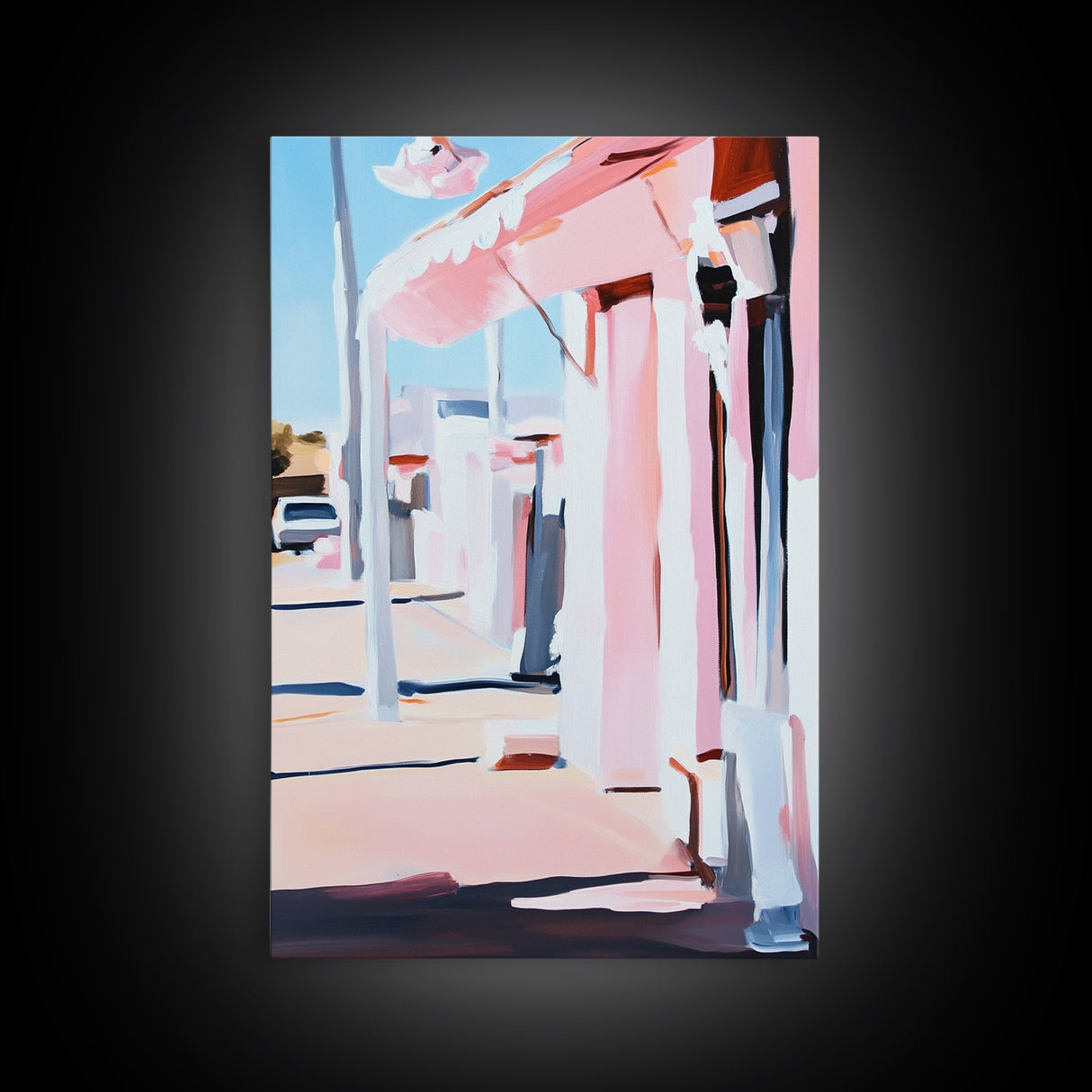 Sunset Street, Pastel Cityscape, Framed Canvas Print, Urban Decor, Impressionist Wall Art, Warm Color Palette, Stylish Living Space
