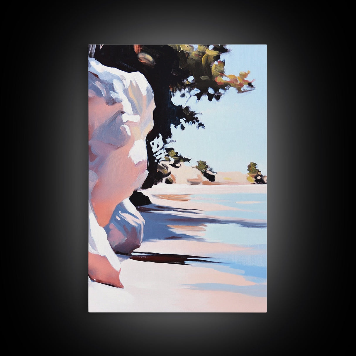 Shoreline, Sunset, Shadows, Warm, Framed Canvas Print, Seascape Wall Art, Boho Beach Decor, Ocean Sunset Artwork, Coastal Home Aesthetic