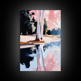 Water, Trees, Pink, Reflection, Framed Canvas Print, Dreamy Nature Artwork, Modern Home Decor, Bedroom Wall Art, Relaxing Lake Scene