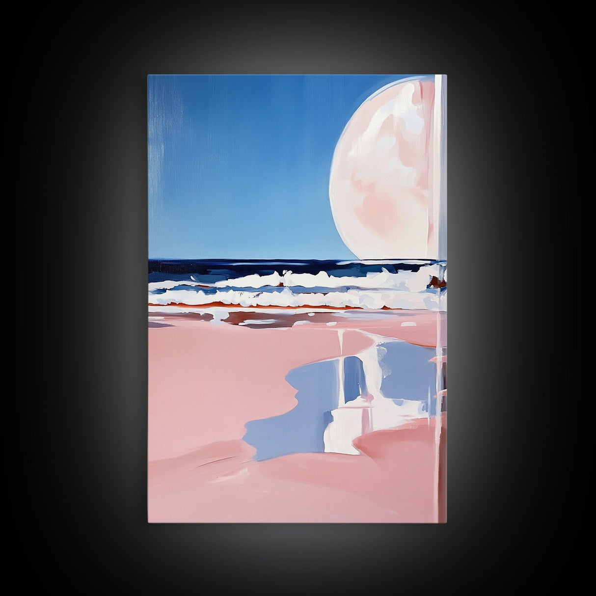 Moonlit Beach, Ocean Waves, Surreal Seascape, Canvas Print, Dreamy Coastal Art, Living Room Decor, Nautical Aesthetic, Minimalist Art